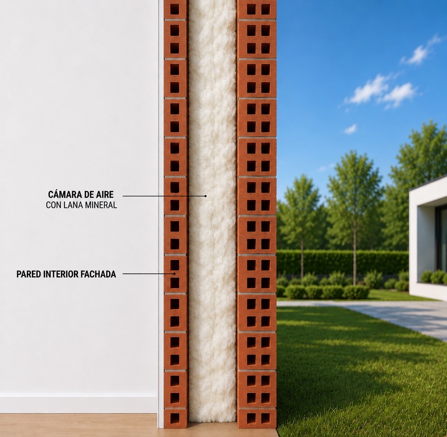 Sección de pared con cámara de aire rellena de lana mineral