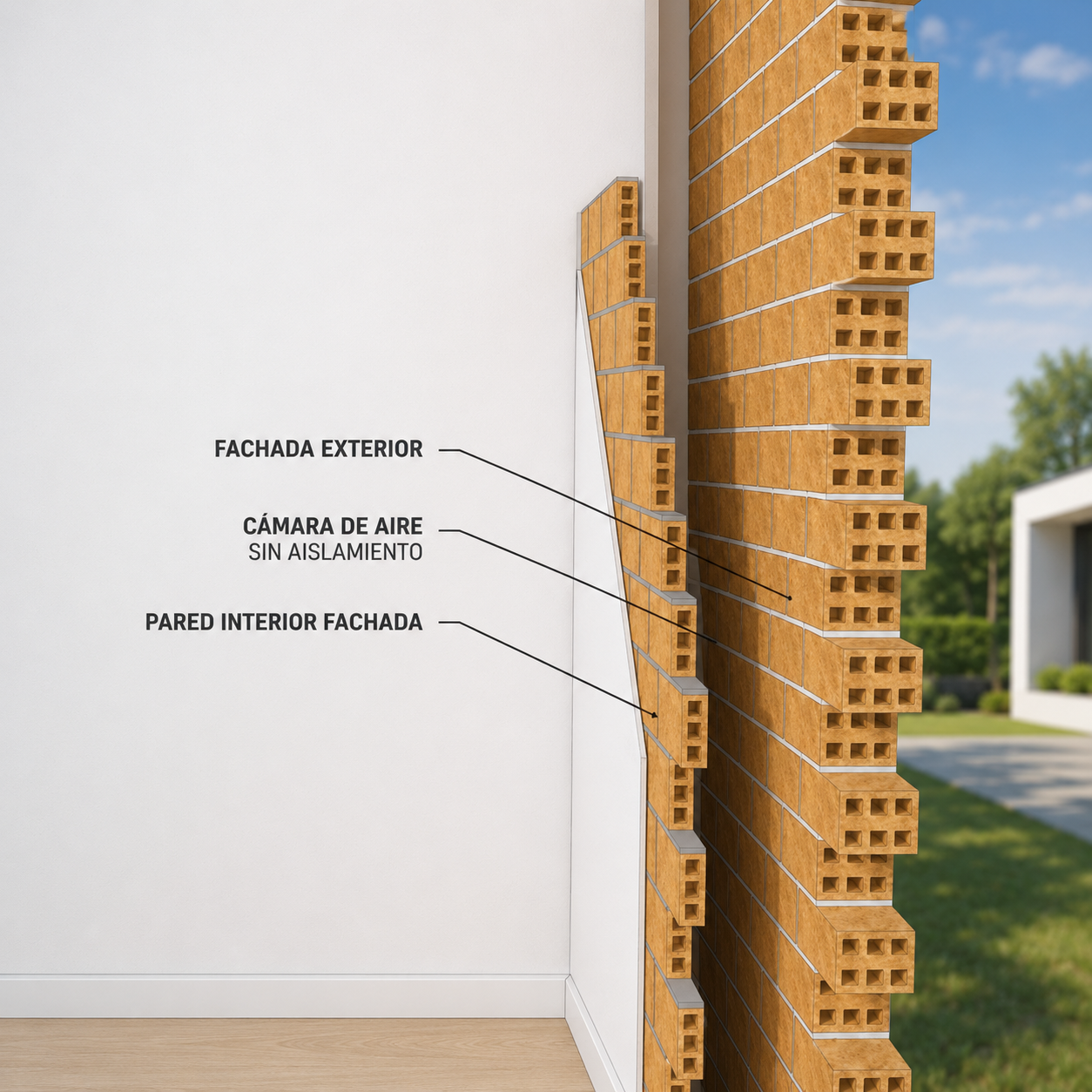 Sección de pared con cámara de aire sin aislamiento